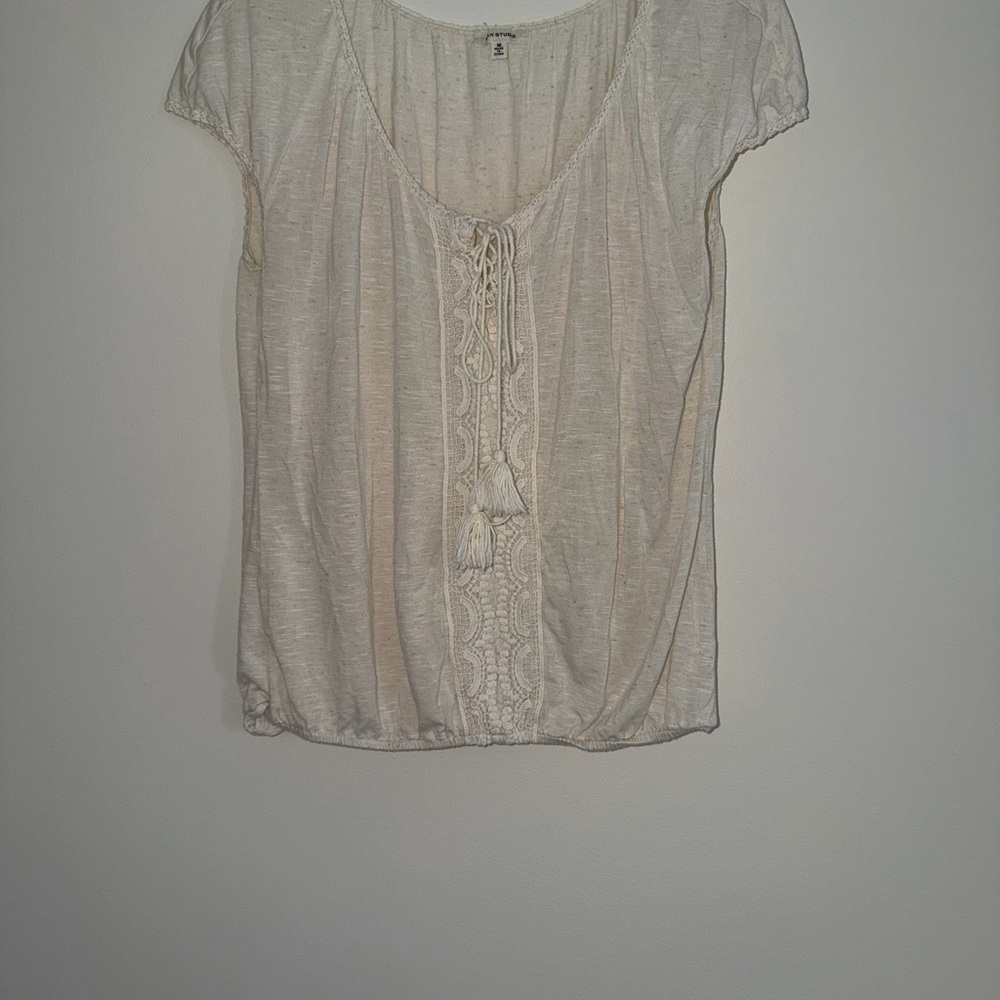 Max Studio Cream Lace-Front Tassel Top